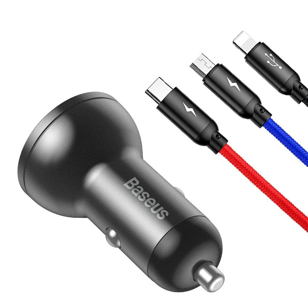 Autoladegerät mit Lightning-Kabel – microUSB – USB-C Baseus Digitalanzeige, 24 W, 2,4 A, 2 x USB-A, Grau TZCCBX-0G 