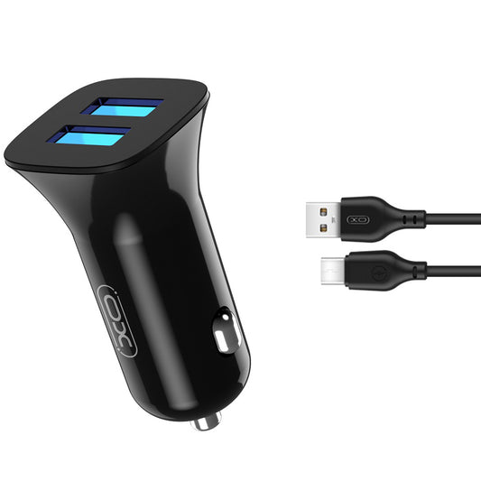 Autoladegerät mit USB-C Kabel XO Design TZ10, 12W, 2.4A, 2 x USB-A, Schwarz 