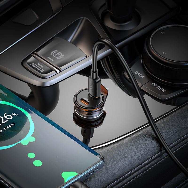 Car Charger with Lightning Cable HOCO NZ16B, 45W, 3A, 2 x USB-C, Grey