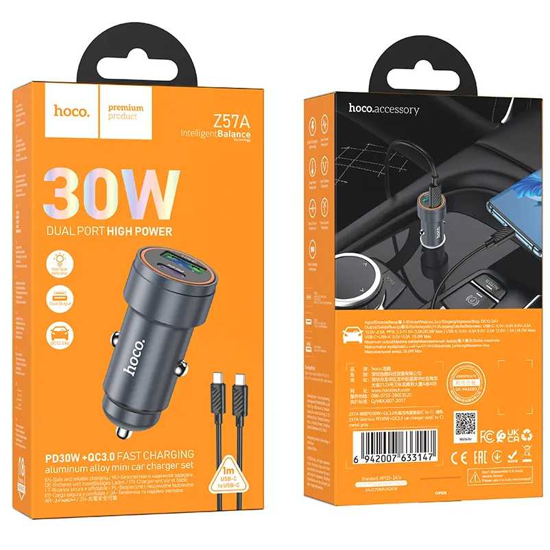 Auto-Ladegerät mit USB-C Kabel HOCO Z57A, 30W, 3A, 1 x USB-A - 1 x USB-C, Grau