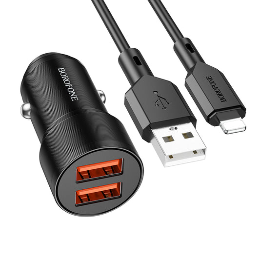 Autoladegerät mit Lightning-Kabel Borofone BZ19 Wisdom, 12 W, 2,4 A, 2 x USB-A, Schwarz