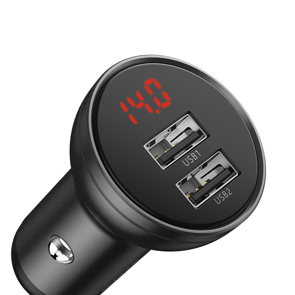 Autoladegerät mit Lightning-Kabel – microUSB – USB-C Baseus Digitalanzeige, 24 W, 2,4 A, 2 x USB-A, Grau TZCCBX-0G 