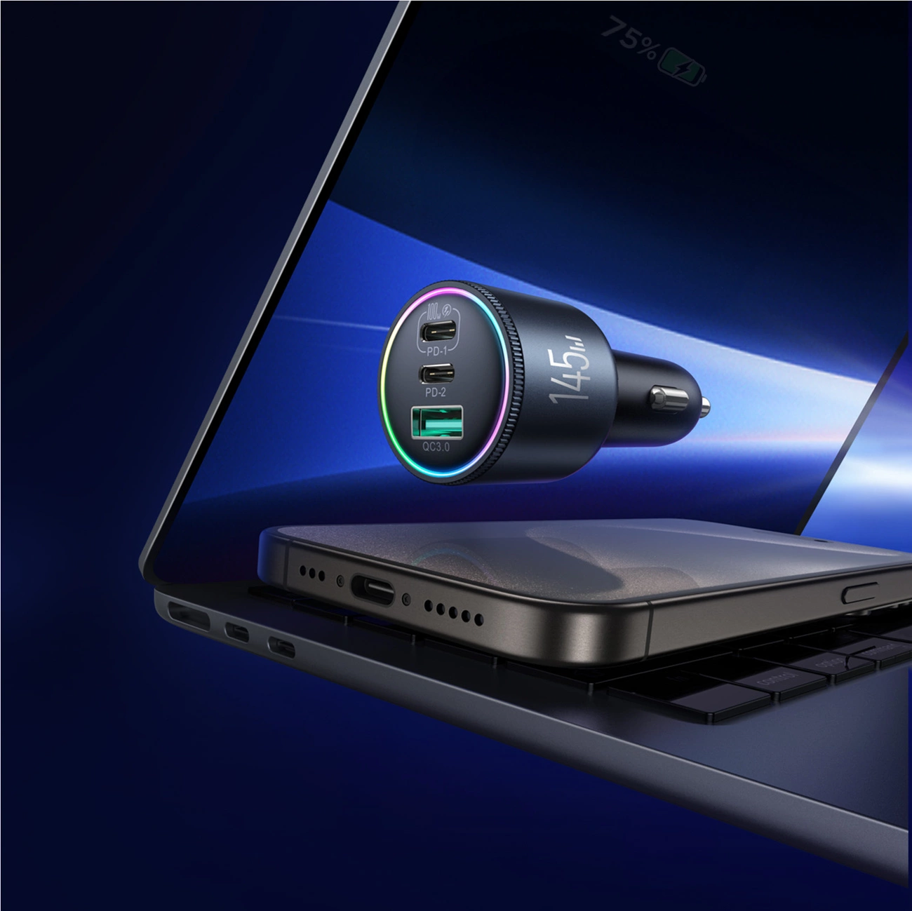 KFZ-Ladegerät mit USB-C Kabel Joyroom JR-CCN07, 145W, 5A, 1 x USB-A - 2 x USB-C, Grau