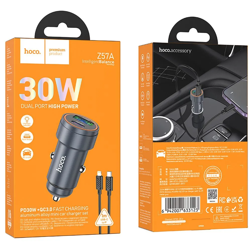 Auto-Ladegerät mit Lightning-Kabel HOCO Z57A, 30W, 3A, 1 x USB-A - 1 x USB-C, Grau