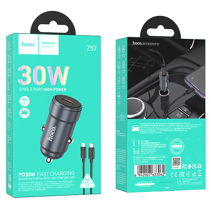 Auto-Ladegerät mit Lightning-Kabel HOCO Z57, 30W, 3A, 1 x USB-C, Grau