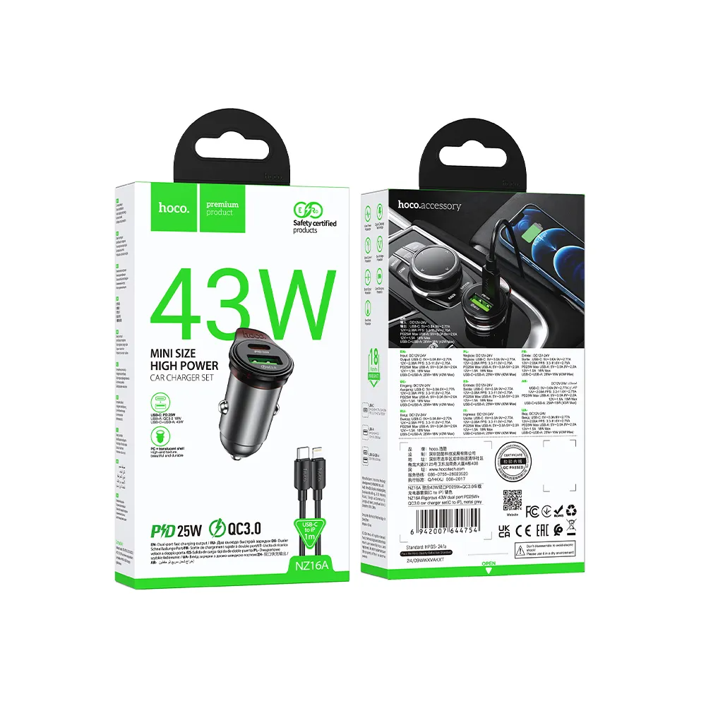 Auto-Ladegerät mit Lightning-Kabel HOCO NZ16A, 43W, 3A, 1 x USB-A - 1 x USB-C, Grau