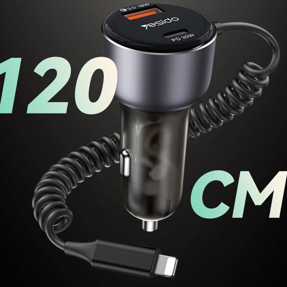 Auto-Ladegerät mit Lightning-Kabel Yesido Y57, 50W, 3A, 1 x USB-A - 1 x USB-C, Schwarz