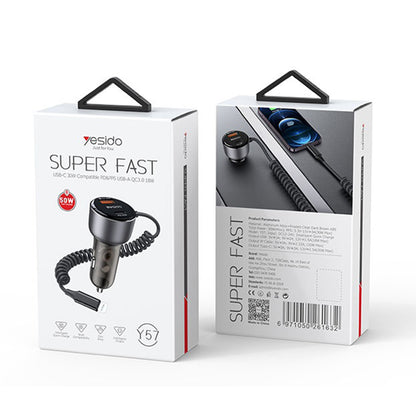 Auto-Ladegerät mit Lightning-Kabel Yesido Y57, 50W, 3A, 1 x USB-A - 1 x USB-C, Schwarz