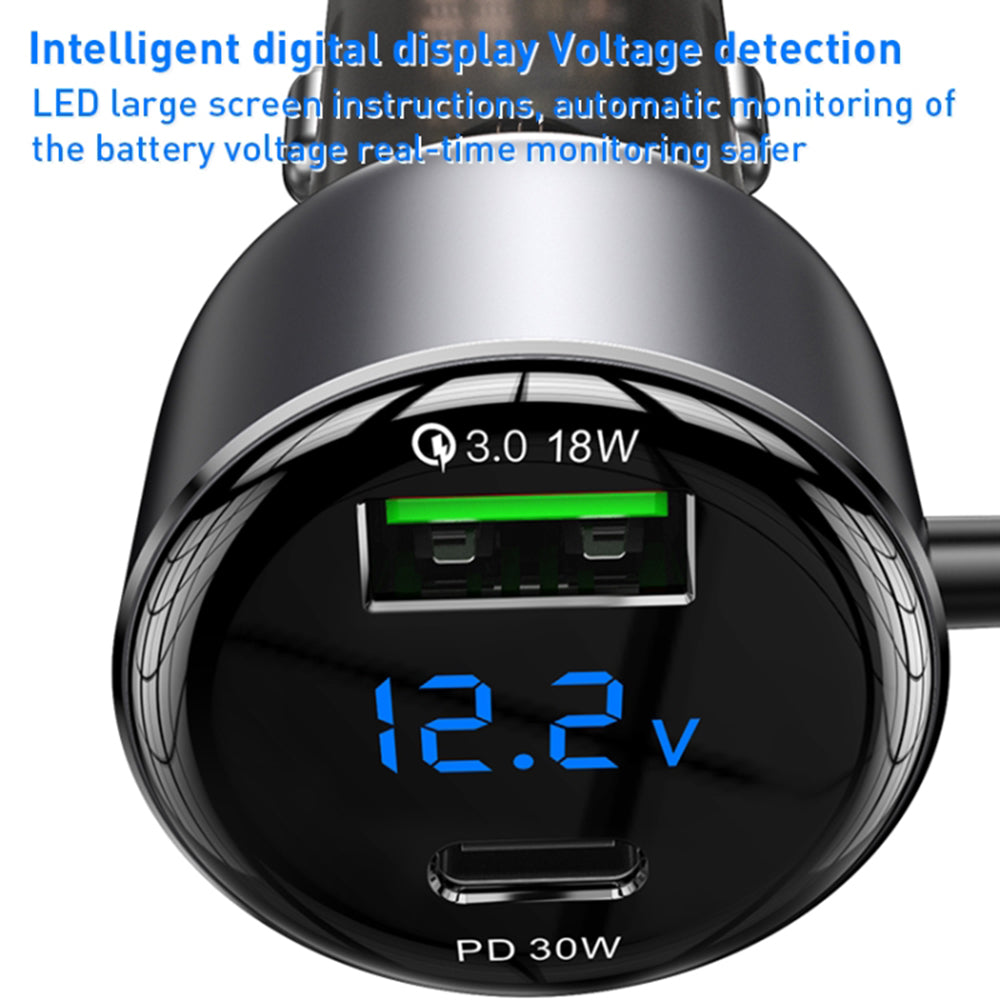 Car Charger with USB-C / Lightning Cable Yesido Y58 Display, 60W, 3A, 1 x USB-A - 1 x USB-C, Gray