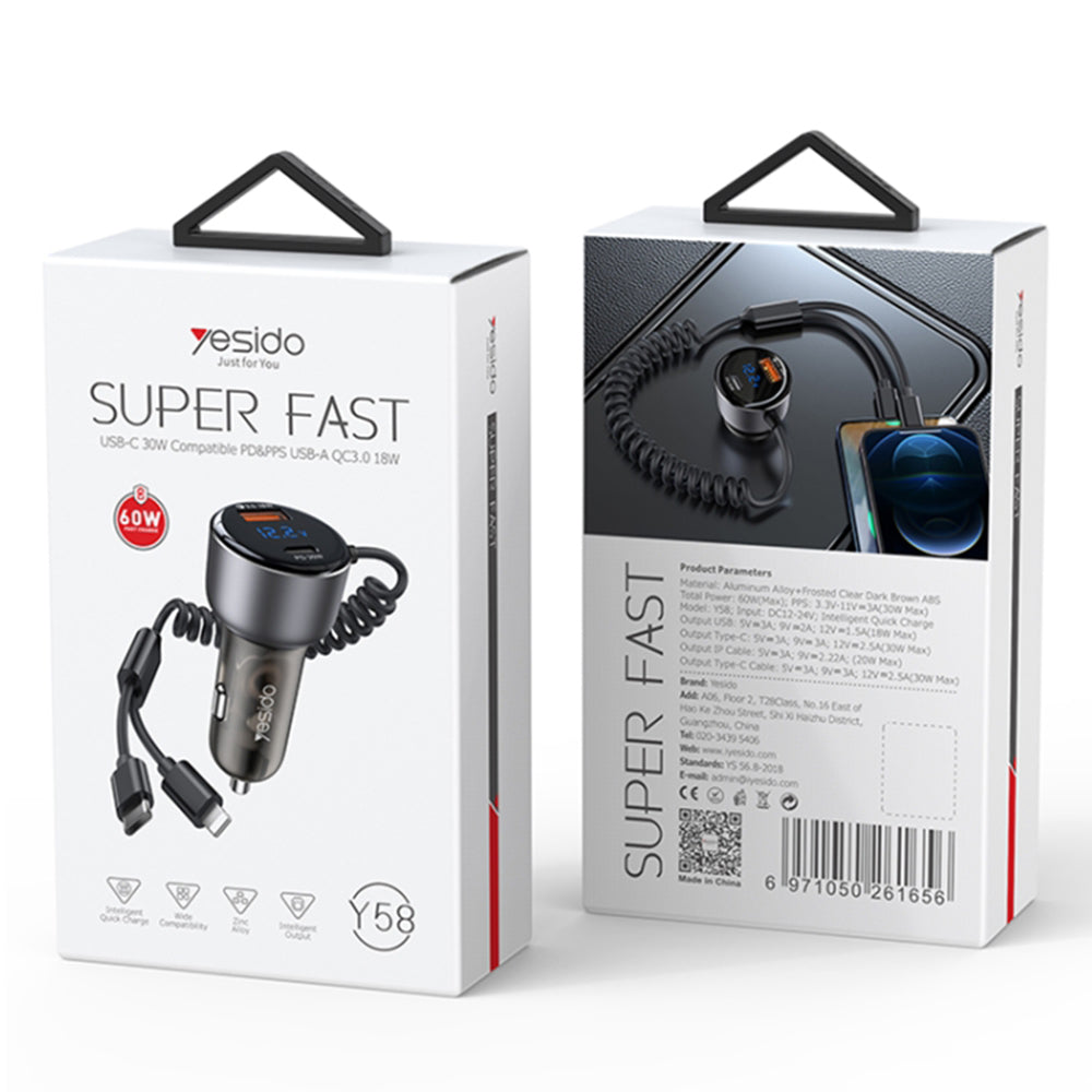 Car Charger with USB-C / Lightning Cable Yesido Y58 Display, 60W, 3A, 1 x USB-A - 1 x USB-C, Gray