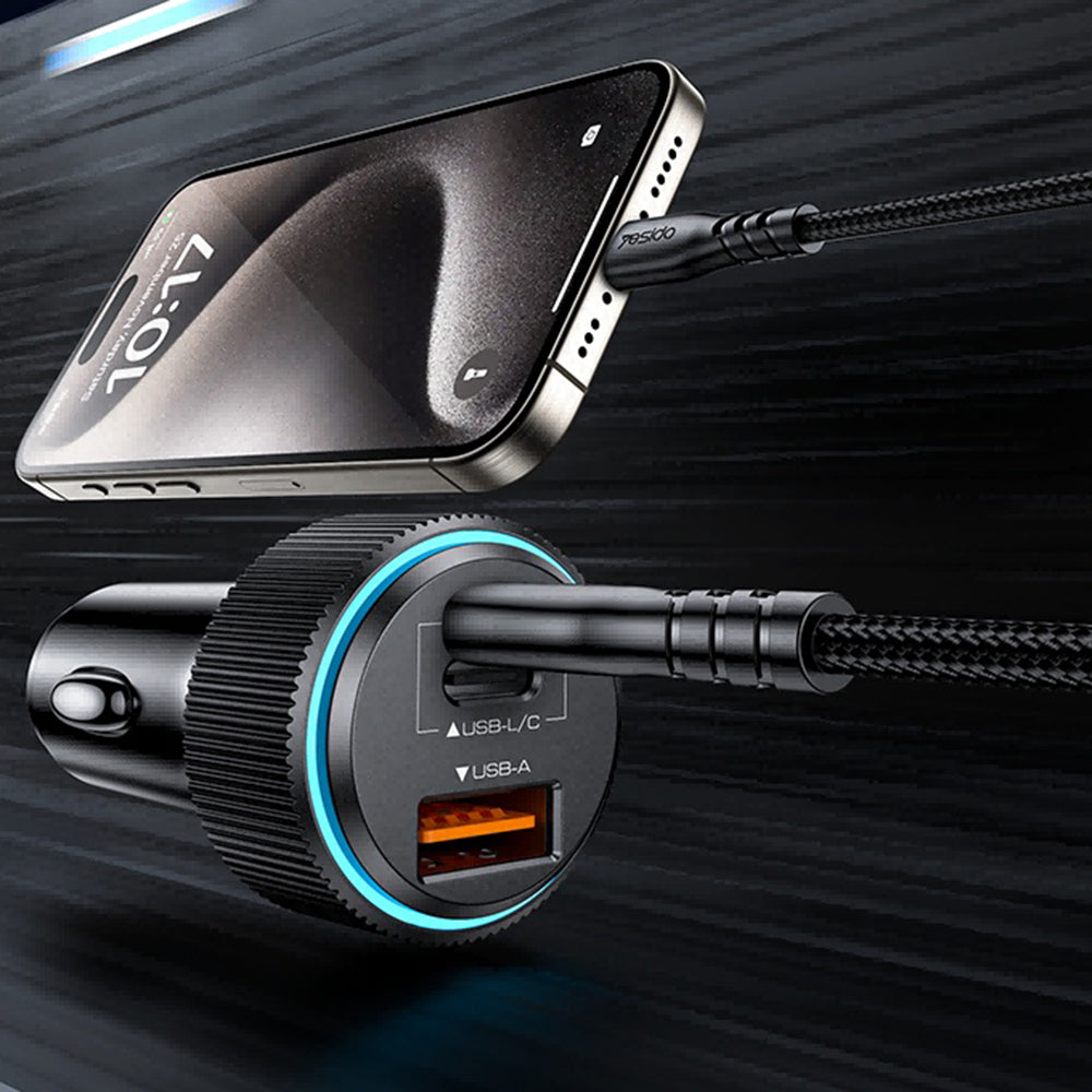 Car Charger with Lightning Cable Yesido Y60, 38W, 3A, 1 x USB-A - 2 x USB-C, Black