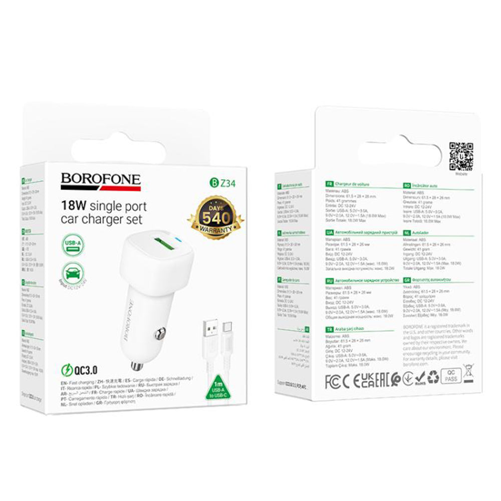 Auto-Ladegerät mit USB-C Kabel Borofone BZ34 Cloud, 18W, 3A, 1 x USB-A, Weiß