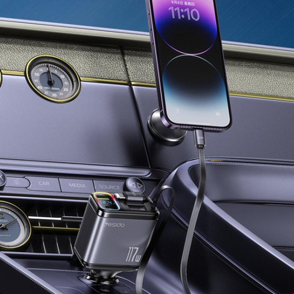 Auto-Ladegerät mit USB-C / Lightning Kabel Yesido Y63 Display, 117W, 3A, 1 x USB-A - 1 x USB-C, Grau