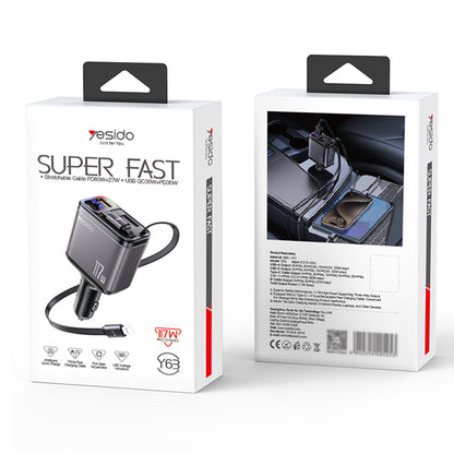 Auto-Ladegerät mit USB-C / Lightning Kabel Yesido Y63 Display, 117W, 3A, 1 x USB-A - 1 x USB-C, Grau