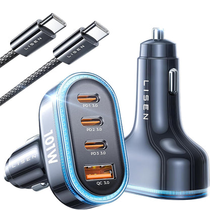 Auto-Ladegerät mit USB-C Kabel Lisen, 101W, 3.25A, 1 x USB-A - 3 x USB-C, Schwarz YL0223120021