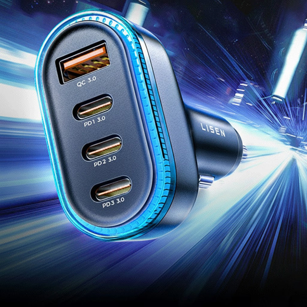 Auto-Ladegerät mit USB-C Kabel Lisen, 101W, 3.25A, 1 x USB-A - 3 x USB-C, Schwarz YL0223120021