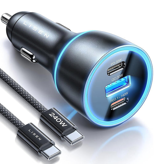 Auto-Ladegerät mit USB-C Kabel Lisen, 170W, 5A, 1 x USB-A - 2 x USB-C, Schwarz YL0225060006