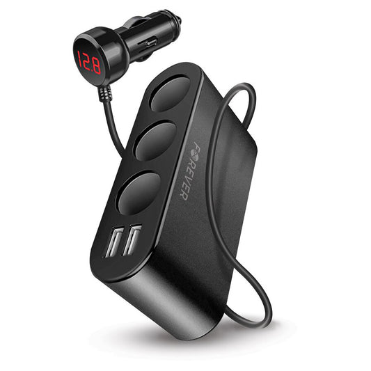 Forever MultiPort Car Charger, 12W, 2.4A, 2 x USB-A - 3 x Cigarette Lighter Extension, Black 