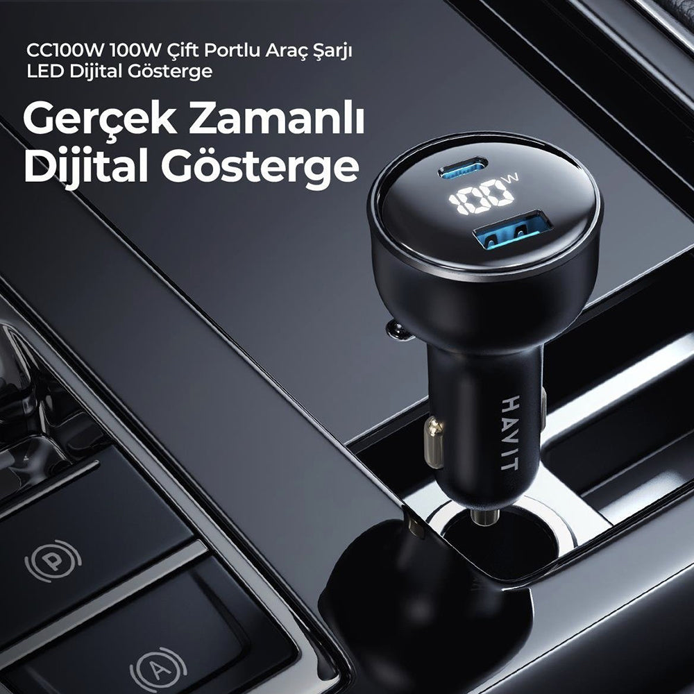Auto-Ladegerät HAVIT CC100W Display, 100W, 5A, 1 x USB-A - 1 x USB-C, Schwarz