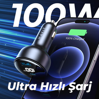 Auto-Ladegerät HAVIT CC100W Display, 100W, 5A, 1 x USB-A - 1 x USB-C, Schwarz