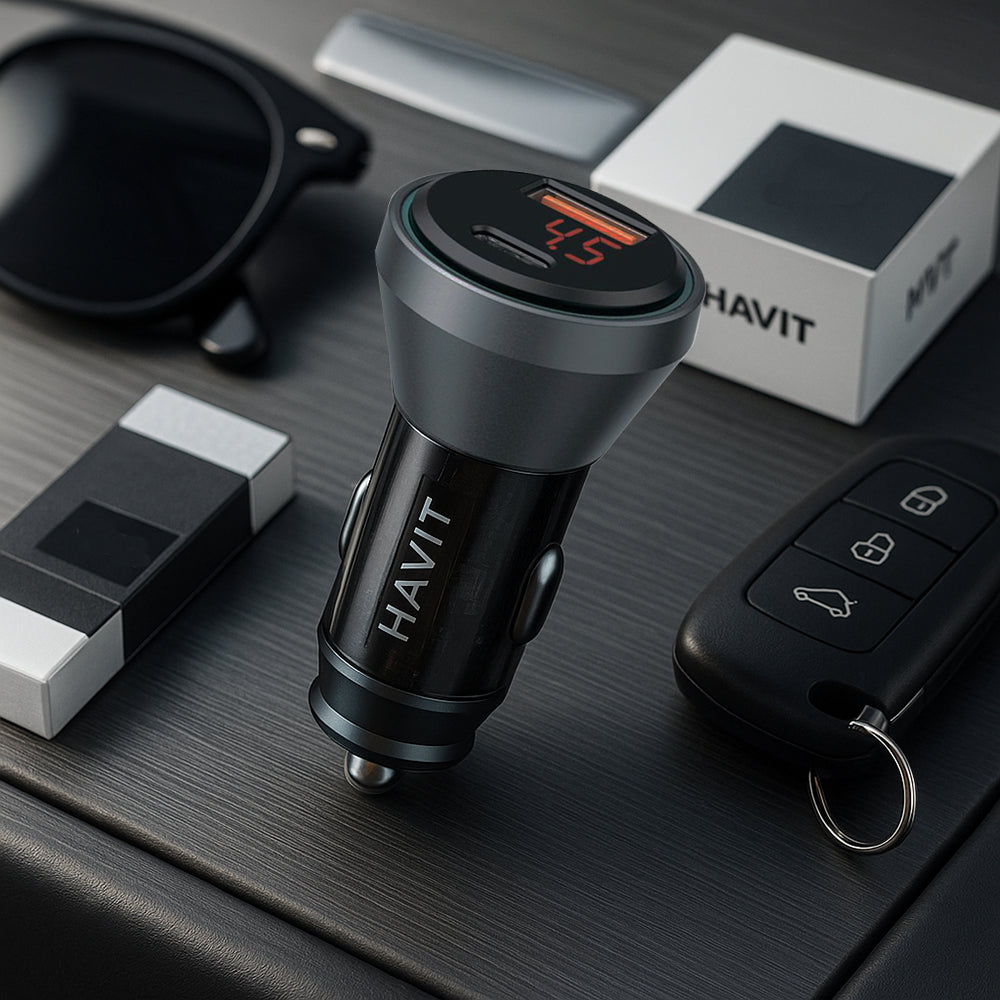 Auto-Ladegerät HAVIT CC2017, 45W, 3A, 1 x USB-A - 1 x USB-C, Schwarz Blau