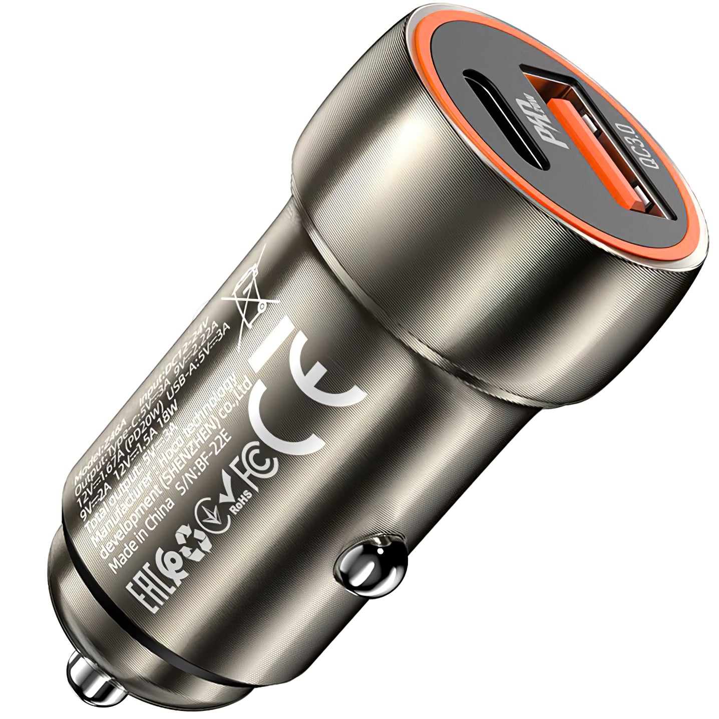 Autoladegerät HOCO Z46A, 20W, 3A, 1 x USB-A - 1 x USB-C, Grau 
