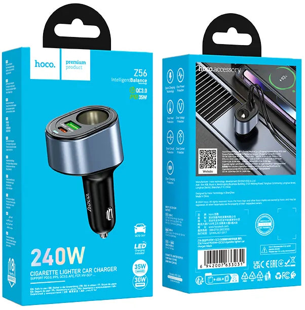 HOCO Z56 Car Charger, 35W, 3A, 1 x USB-A - 1 x USB-C - 1 x Cigarette Lighter Extension, Black