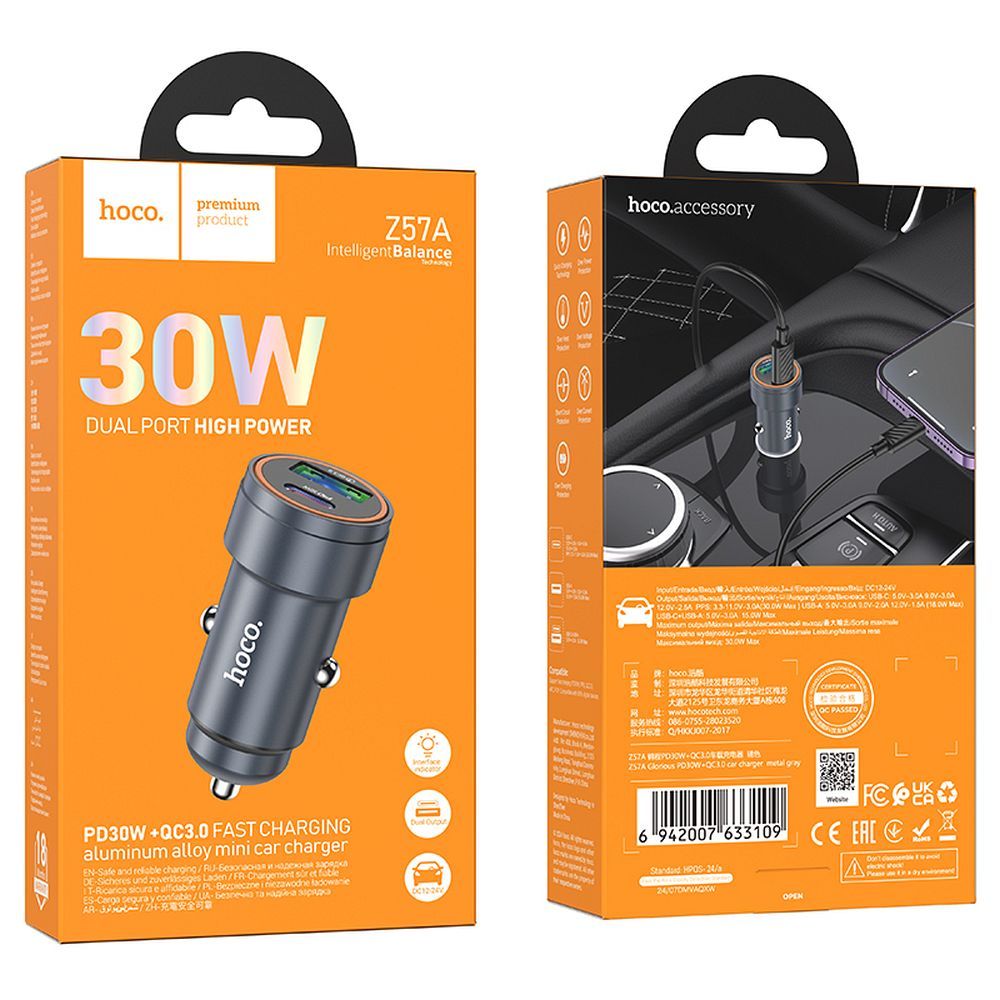 Auto-Ladegerät HOCO Z57A, 30W, 3A, 1 x USB-A - 1 x USB-C, Grau