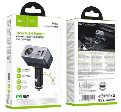 Auto-Ladegerät HOCO Z65A, 165W, 3A, 1 x Zigarettenanzünder-Erweiterung - 1 x USB-A - 2 x USB-C, Schwarz