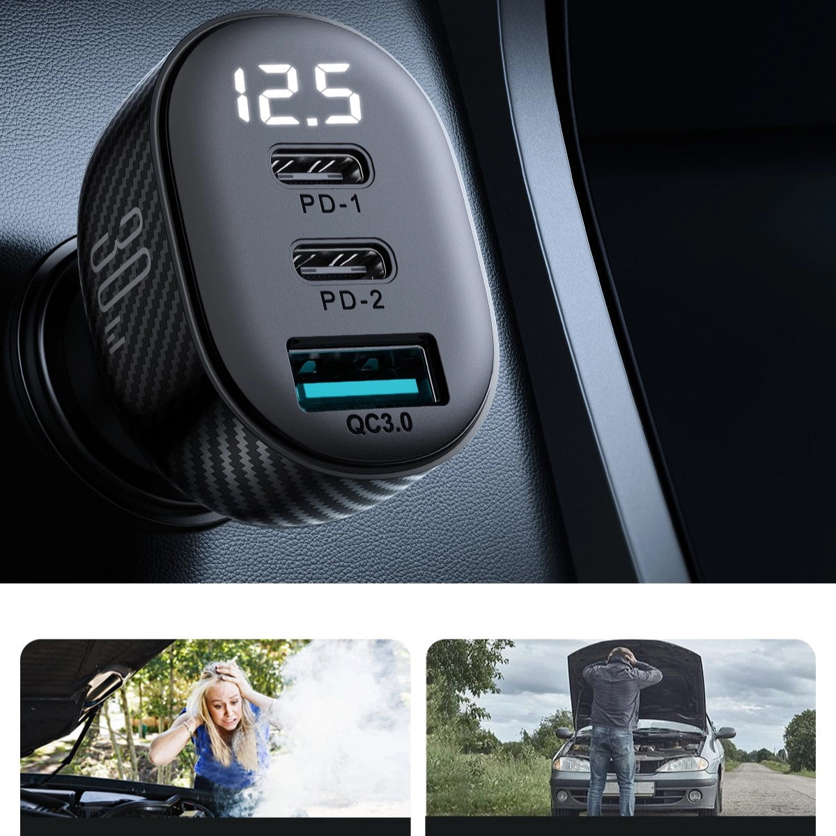 Auto-Ladegerät Joyroom JR-CCD04, 30W, 3A, 1 x USB-A - 2 x USB-C, Schwarz