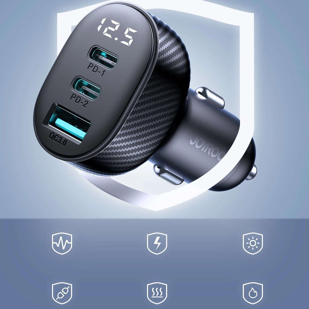 Auto-Ladegerät Joyroom JR-CCD04, 30W, 3A, 1 x USB-A - 2 x USB-C, Schwarz