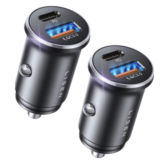 Lisen Car Charger, 51W, 3A, 1 x USB-A - 1 x USB-C, Set of 2 pieces, Black YL0223080037