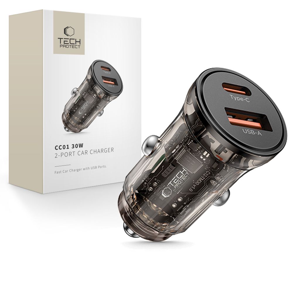 Auto-Ladegerät Tech-Protect CC01, 30W, 3A, 1 x USB-A - 1 x USB-C, Schwarz