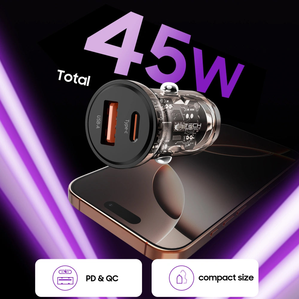 Auto-Ladegerät Tech-Protect CC01, 45W, 5A, 1 x USB-A - 1 x USB-C, Schwarz