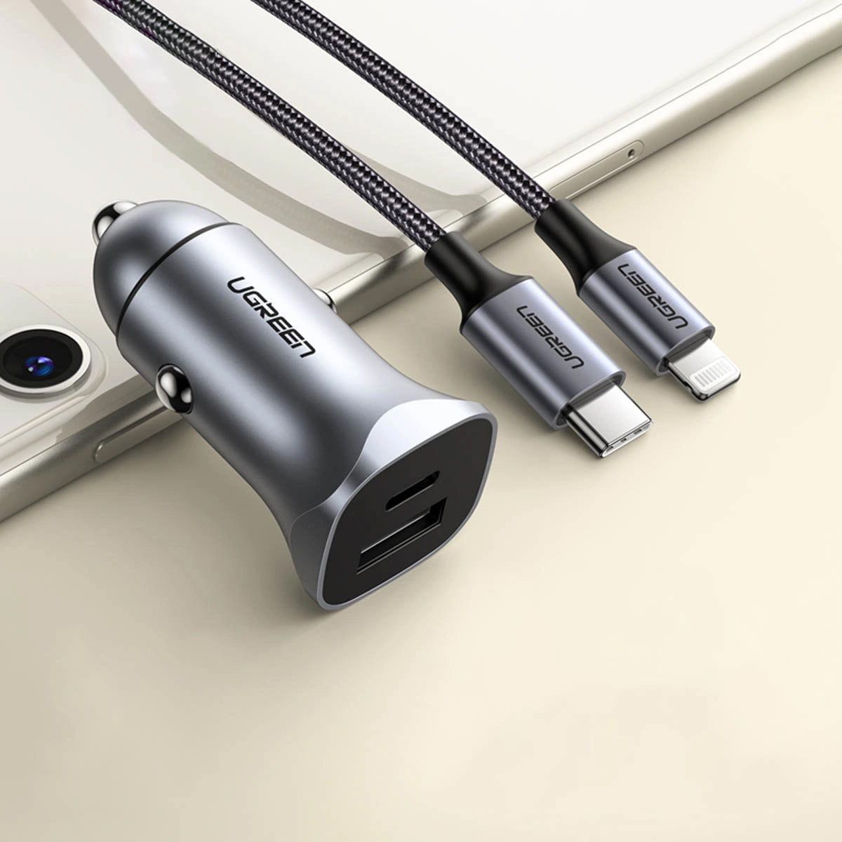 Autoladegerät UGREEN CD130, 30 W, 3 A, 1 x USB-A - 1 x USB-C, Grau