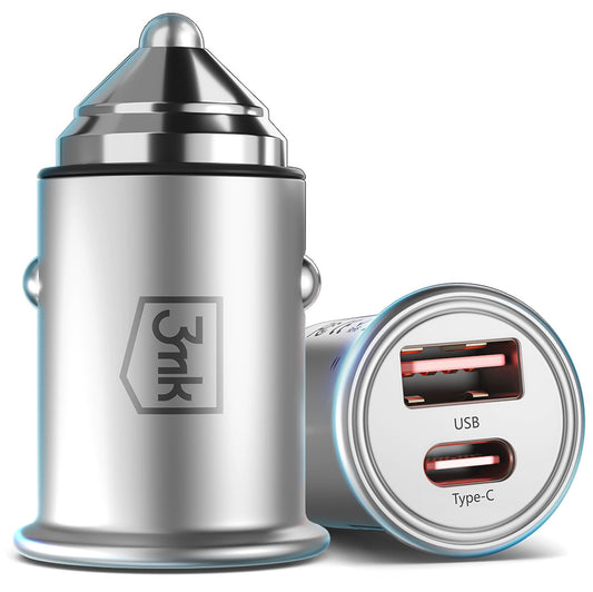 3MK HyperCharger Autoladegerät, 30 W, 5 A, 1 x USB-A – 1 x USB-C, Silber