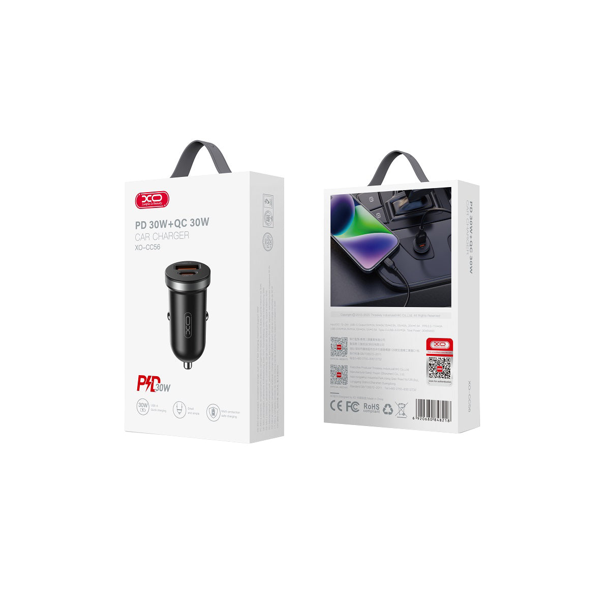 Auto-Ladegerät XO Design CC56, 30W, 3A, 1 x USB-A - 1 x USB-C, Schwarz