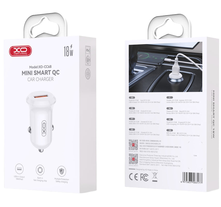 Auto-Ladegerät XO Design CC68, 18W, 3A, 1 x USB-A, Weiß