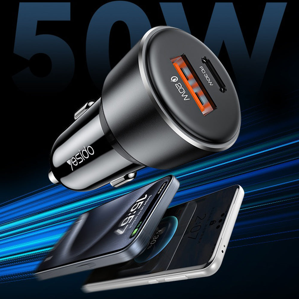 Yesido Y64 Car Charger, 50W, 3A, 1 x USB-A - 1 x USB-C, Black