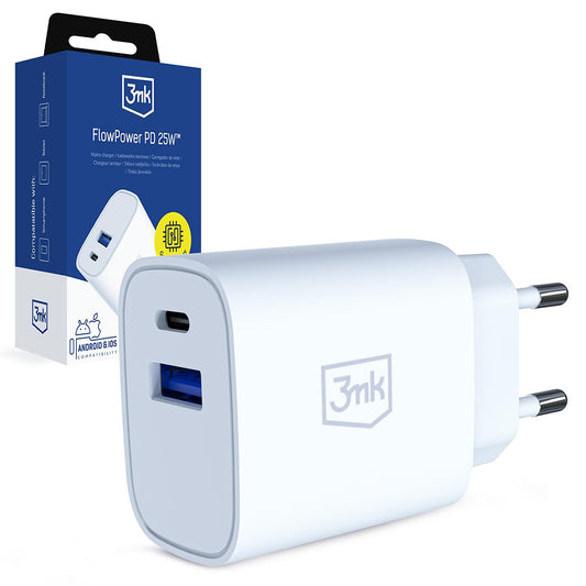 3MK FlowPower Netzladegerät, 25W, 1 x USB-A - 1 x USB-C, Weiß
