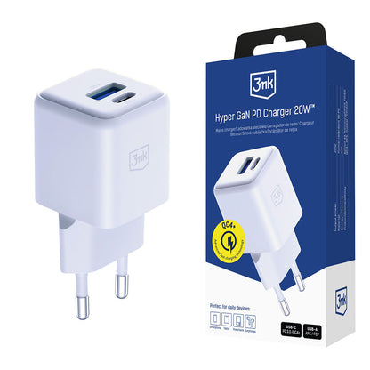 Netzladegerät 3MK Hyper, 20W, 3A, 1 x USB-A - 1 x USB-C, Weiß
