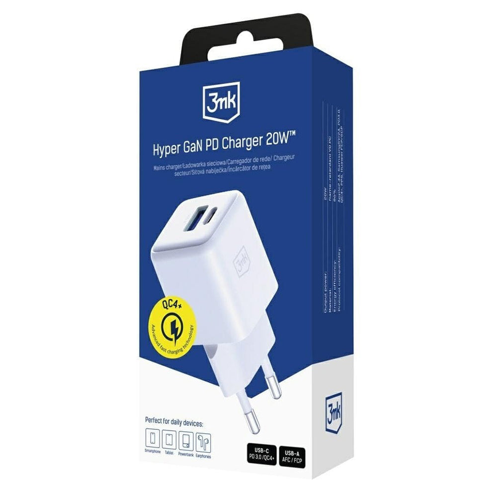 Netzladegerät 3MK Hyper, 20W, 3A, 1 x USB-A - 1 x USB-C, Weiß