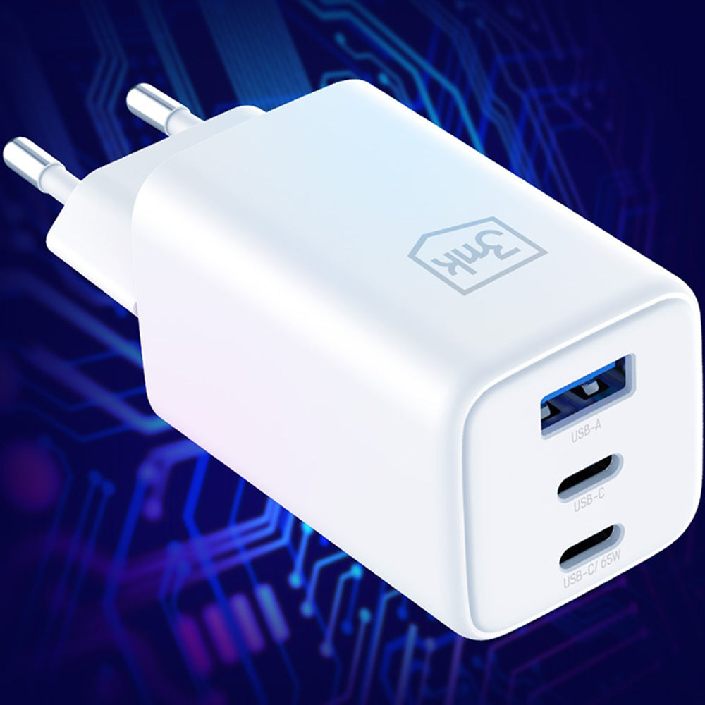 Netzladegerät 3MK Hyper, 65W, 3.25A, 1 x USB-A - 2 x USB-C, Weiß