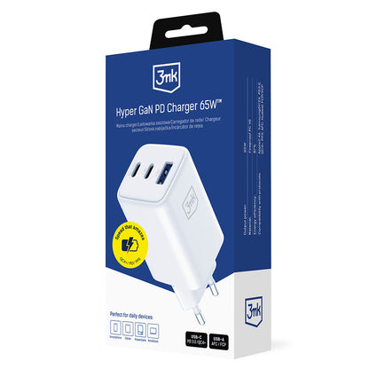 Netzladegerät 3MK Hyper, 65W, 3.25A, 1 x USB-A - 2 x USB-C, Weiß