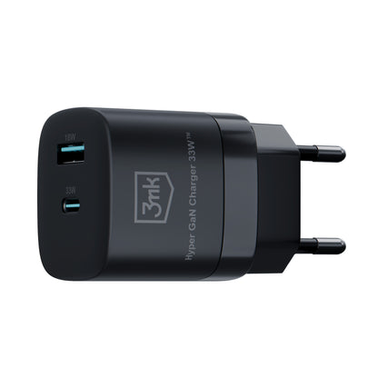 3MK HyperCharger GaN Netzwerk-Ladegerät, 33 W, 3 A, 1 x USB-A – 1 x USB-C, Schwarz