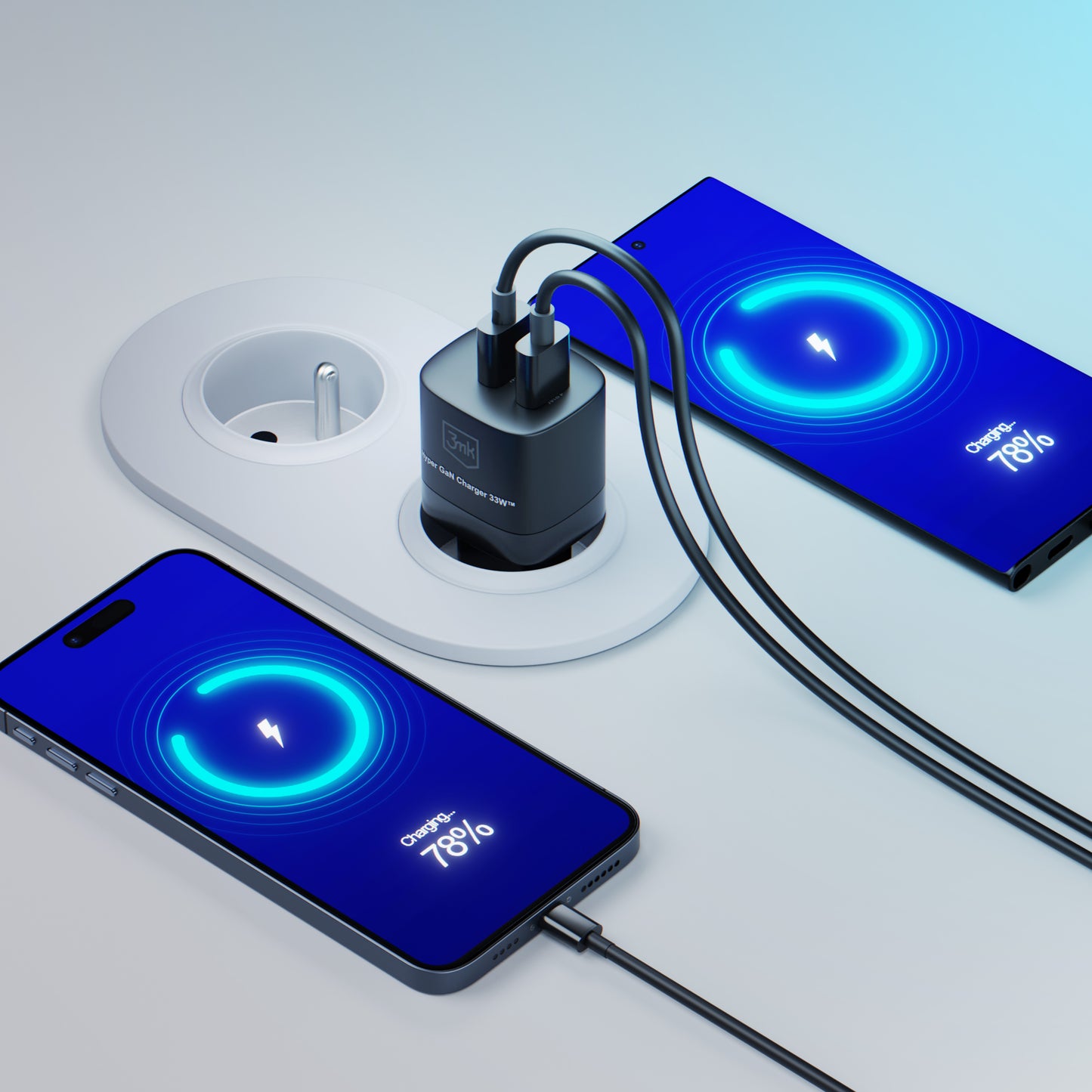 3MK HyperCharger GaN Netzwerk-Ladegerät, 33 W, 3 A, 1 x USB-A – 1 x USB-C, Schwarz