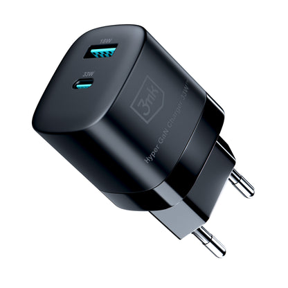 3MK HyperCharger GaN Netzwerk-Ladegerät, 33 W, 3 A, 1 x USB-A – 1 x USB-C, Schwarz