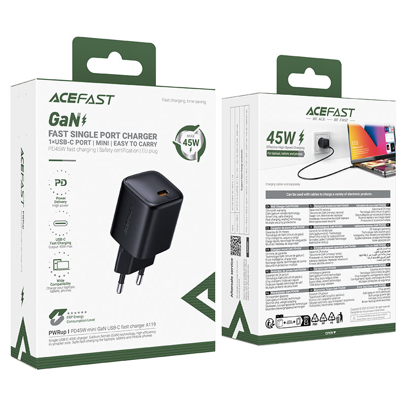 Netzladegerät Acefast A119, 45W, 3A, 1 x USB-C, Schwarz