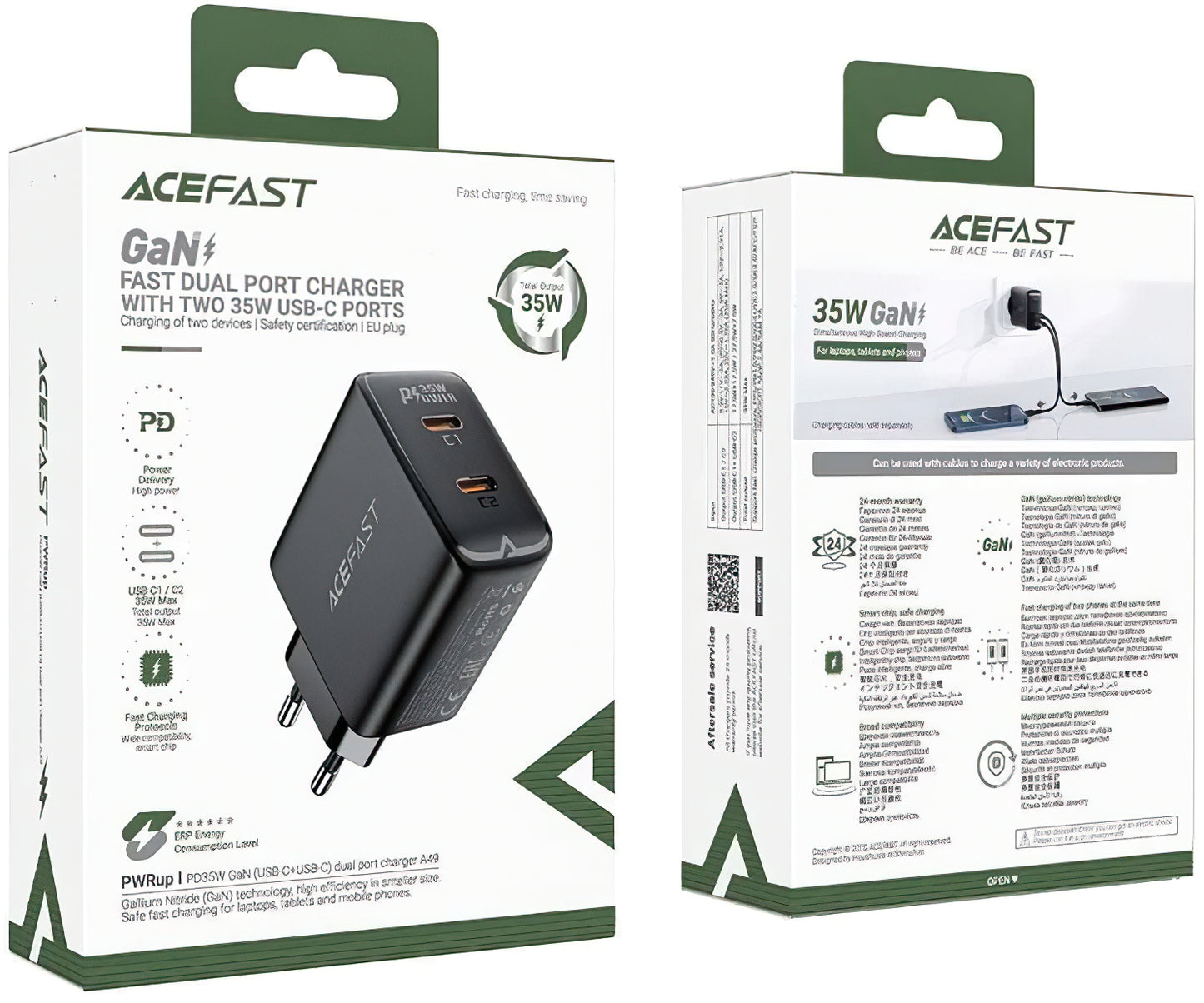 Acefast A49 Netzwerkladegerät, 35 W, 3 A, 2 x USB-C, Schwarz