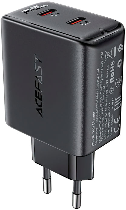 Acefast A49 Netzwerkladegerät, 35 W, 3 A, 2 x USB-C, Schwarz